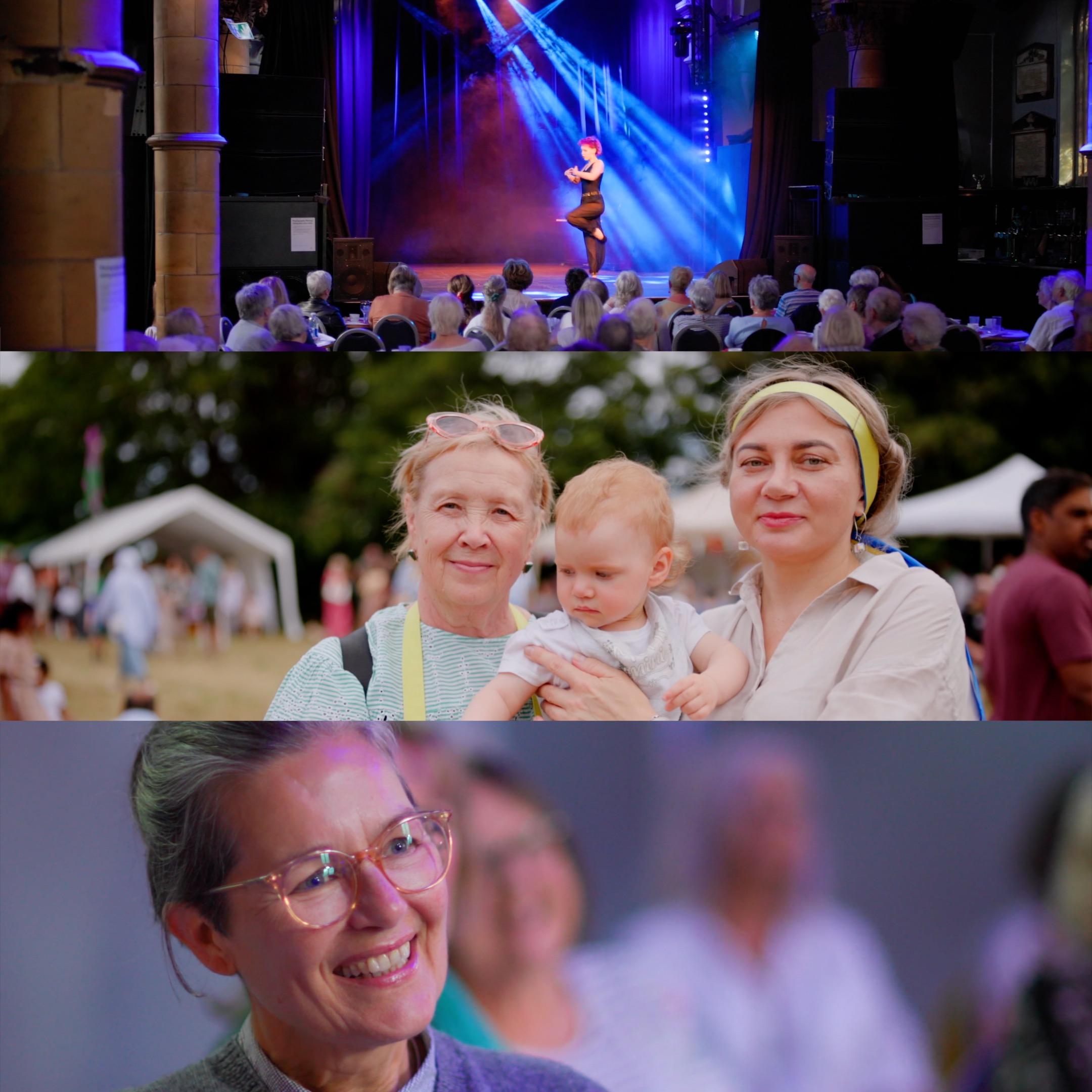 A series of three images showcasing video productions from a dramatic theatrical dance, an audience member and a family consisting of a mother, granddaughter and grandmother looking to camera.